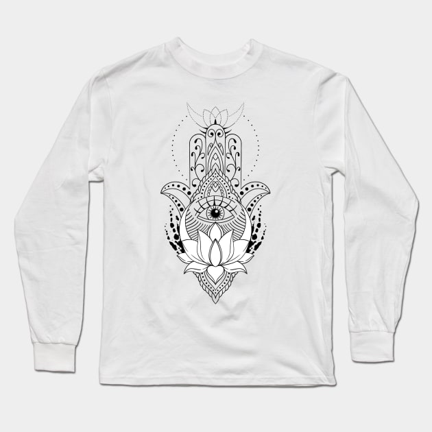 Hamsa hand symbol with lotus flower. Decorative pattern in oriental style. Long Sleeve T-Shirt by ilhnklv